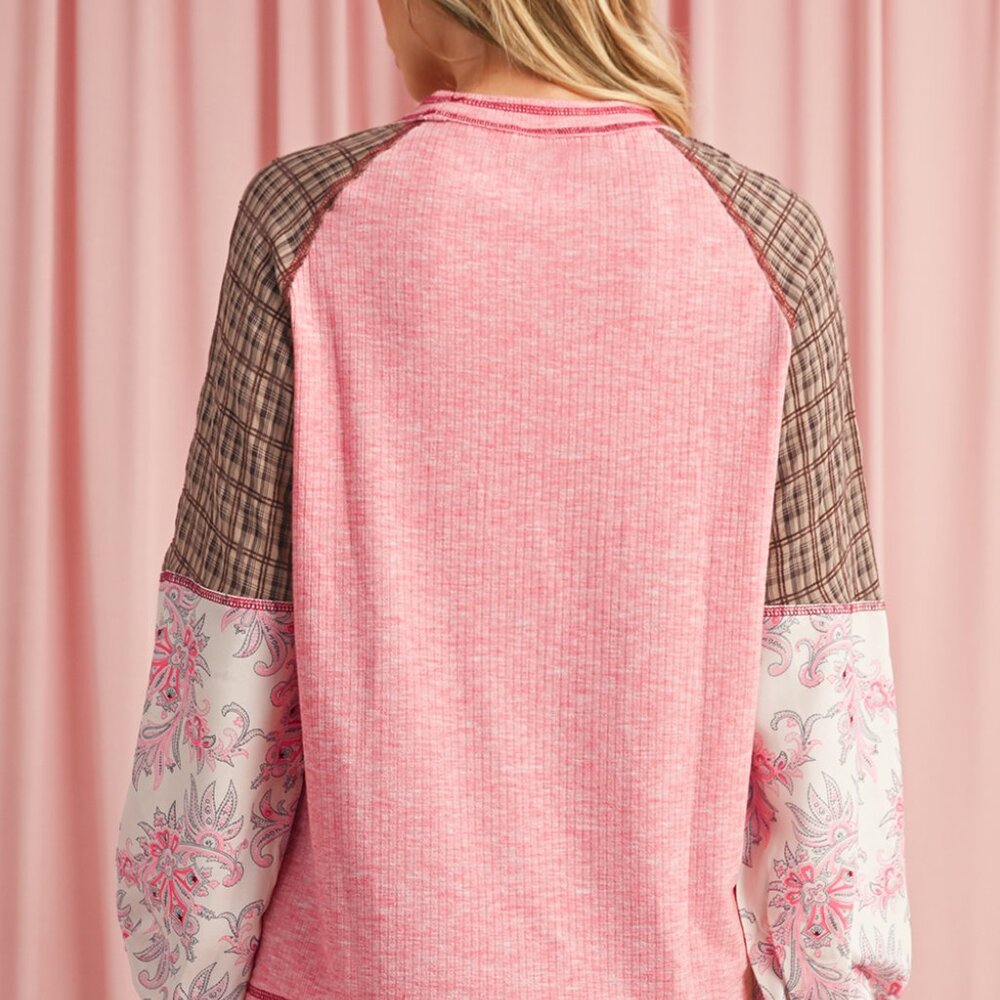 B217 Fushia Floral Plaid Mixed Print Patchwork Raglan Ribbed Top - Picture 4 of 5